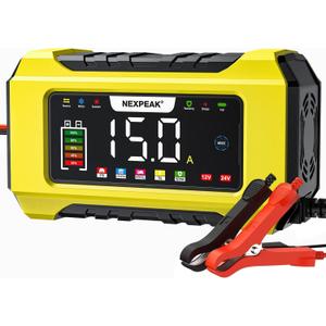 NEXPEAK NC215 15-Amp Battery Charger, Trickle Charger Car Battery Charger 12V 24V LiFePO4 Lead Acid Portable 9-Stage Smart Battery Maintainer w/Temp Compensation for Car Truck Lawn Mower Boat Marine