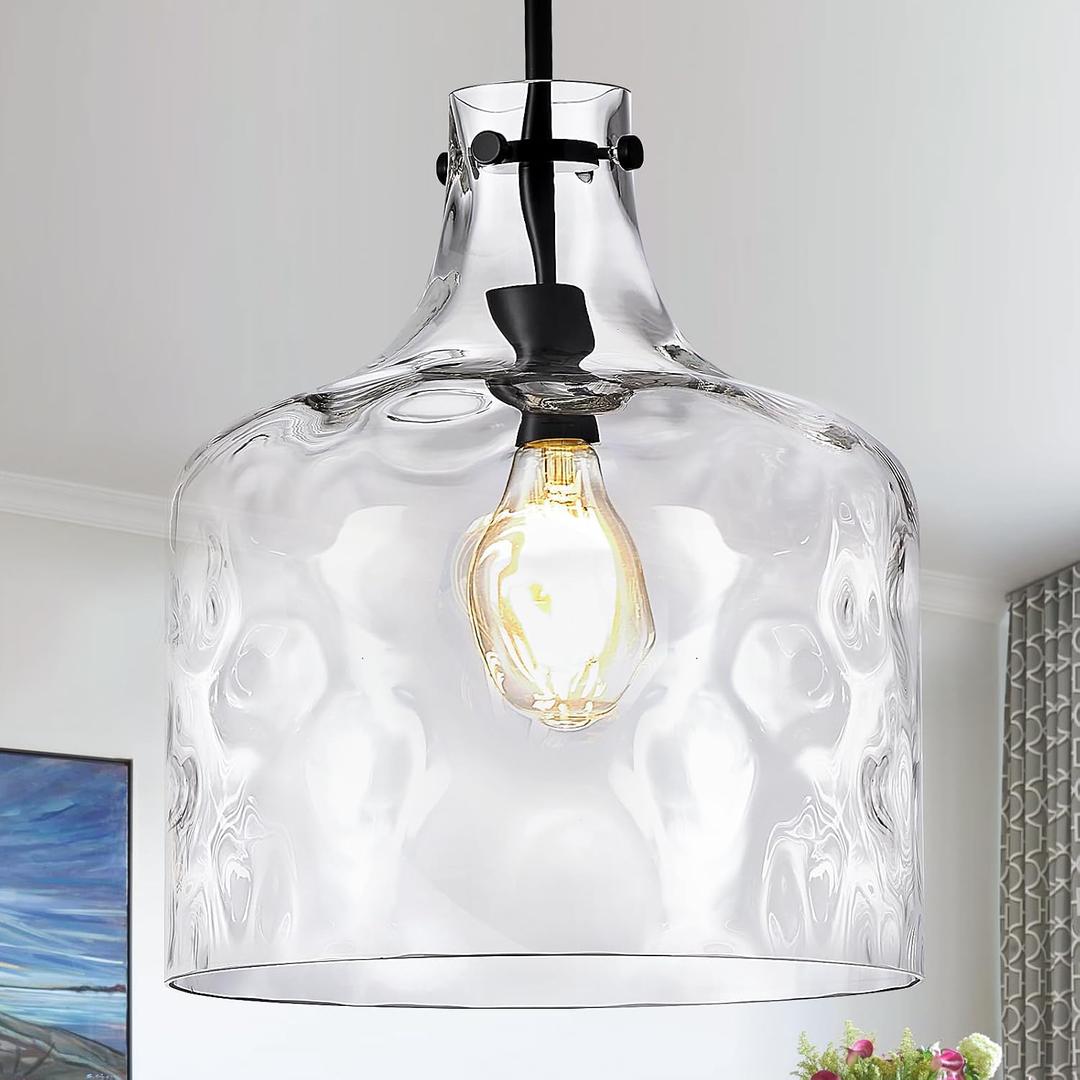 CATINER Extra Large 16" Vintage Farmhouse Pendant Light Hand-Blown Clear Hammered Glass Shade, Adjustable Chain, Hanging Light for Kitchen Island, Dining Room, Hallway, Black Finish, Black Hammered