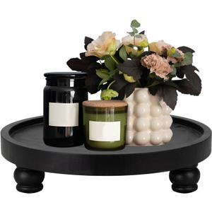 MAONAME Decorative Round Wood Riser for Display, Farmhouse Pedestal Stand for Kitchen Counter, Black Wooden Risers Tray for Home Decor, Pedestal Tray for Living Room Decor