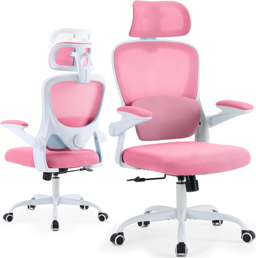 Ergonomic Office Chair with Tilt-Lock, Home Office Desk Chair with Auto Lumbar Support, High Back Mesh Desk Chair with Adjustable Headrest, Swivel Task Chair or Study Room Bedroom,Pink