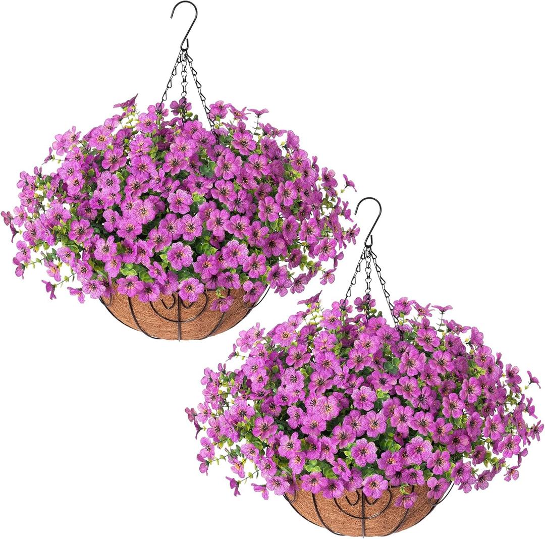HyeFlora 2 Set Artificial Outdoor Flowers Hanging Basket, Faux Hanging Plants for Outside Spring Decoration, Fake Silk UV Resistant Look Real Daisy for Porch Patio Home Decor