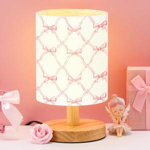 VIHOSE Bowknot Kids Table Lamp for Bedroom Kids Bedside Lamp with Linen Wooden Nightstand Cartoon Nursery Lampshade for Girls Boys Living Room