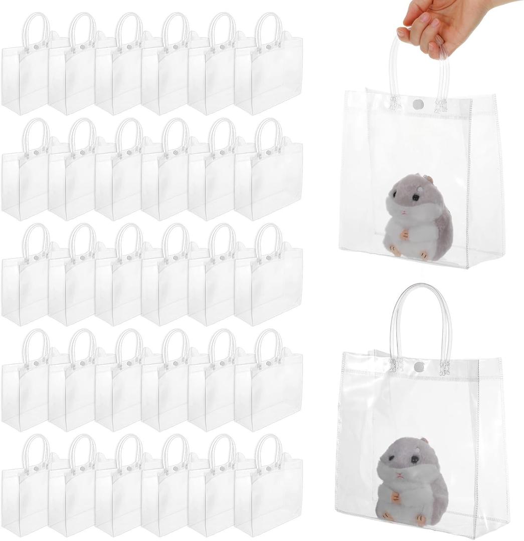 Abeillo 50 PCS Clear Gift Bags with Handles, 7.8" x 7.8" x 3.1" Reusable Party Favor Bags Plastic Gift Bag Transparent PVC Tote Bag for Wedding, Christmas, Birthday, Boutique