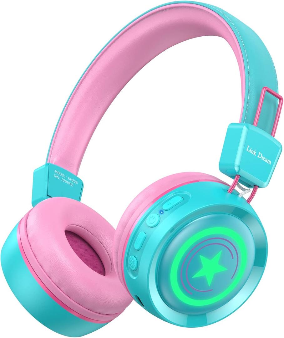 Link Dream Kids Bluetooth Headphones with Microphone for School On-Ear Headphone Toddler Children Wireless Headphone Headset with LED Lights Compatible with Cellphone/Computer/Tablet/iPad