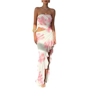 Milumia Women's Floral Cut Out Vacation Dress Ruffle Asymmetrical Strapless Sundress Long Dresses (Pink and White) S