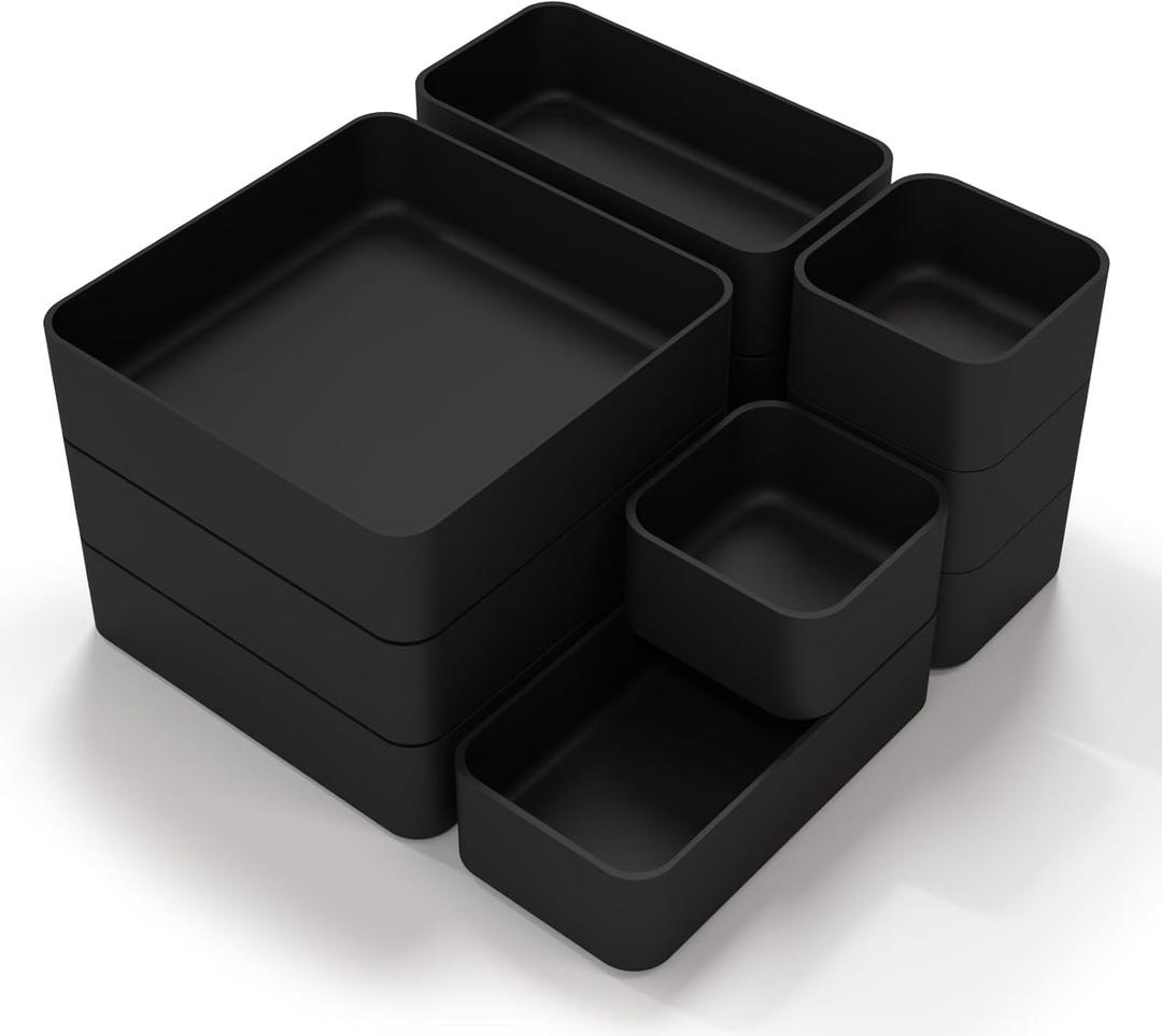CHANCETSUI 11-Piece Stackable Drawer Organizer Set, Multi-size Desk Drawer Organizer Trays Vanity Storage Bins for Storing Makeup, Stationery, Utensils in Bathroom Dresser, Office and Kitchen (Black)