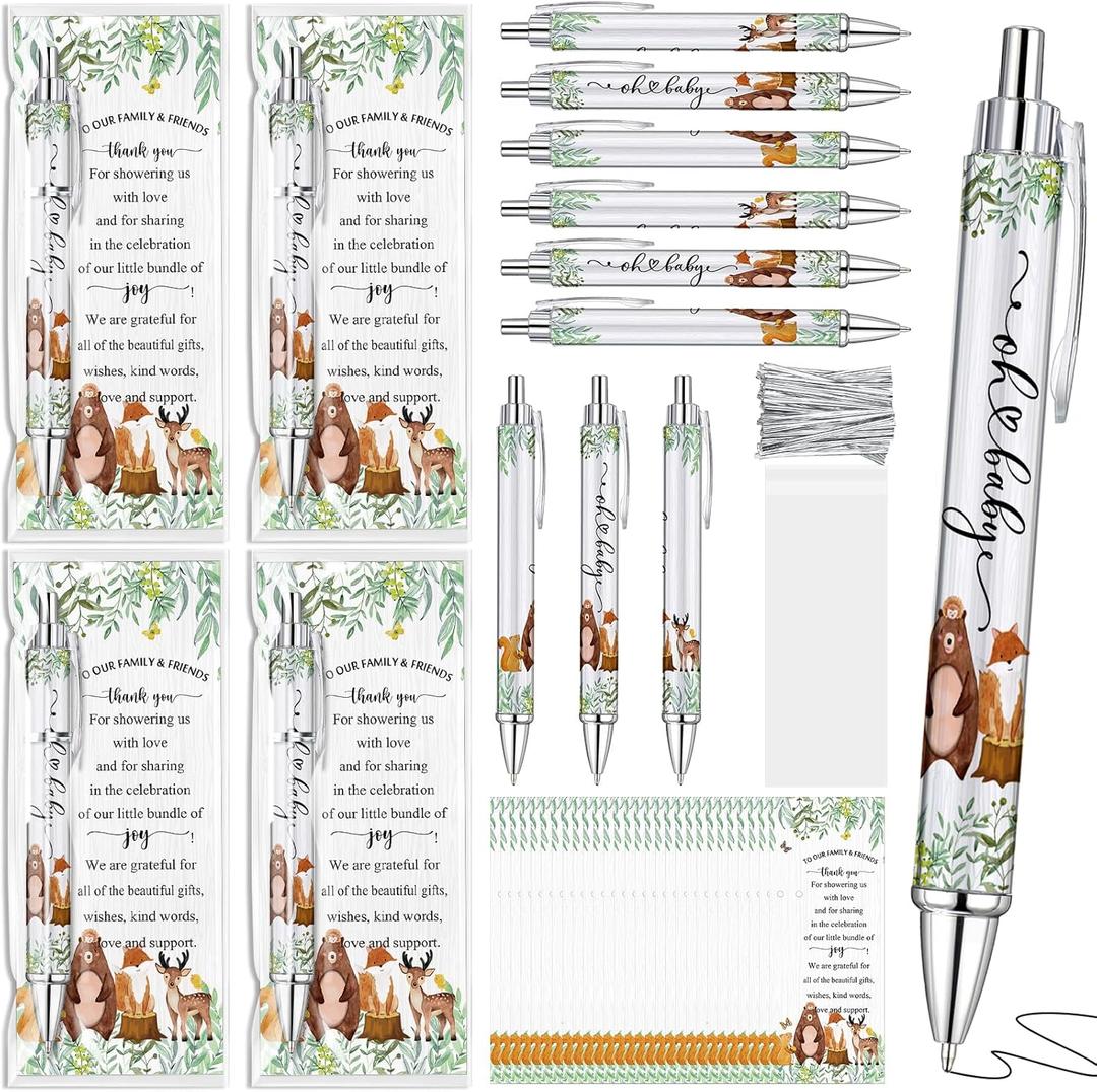 72 Sets Woodland Animals Baby Shower Favors Bulk Includes Ballpoint Pens Thank You Cards Cable Ties Woodland Baby Shower Gender Reveal for Guest Game Prizes Party Favors