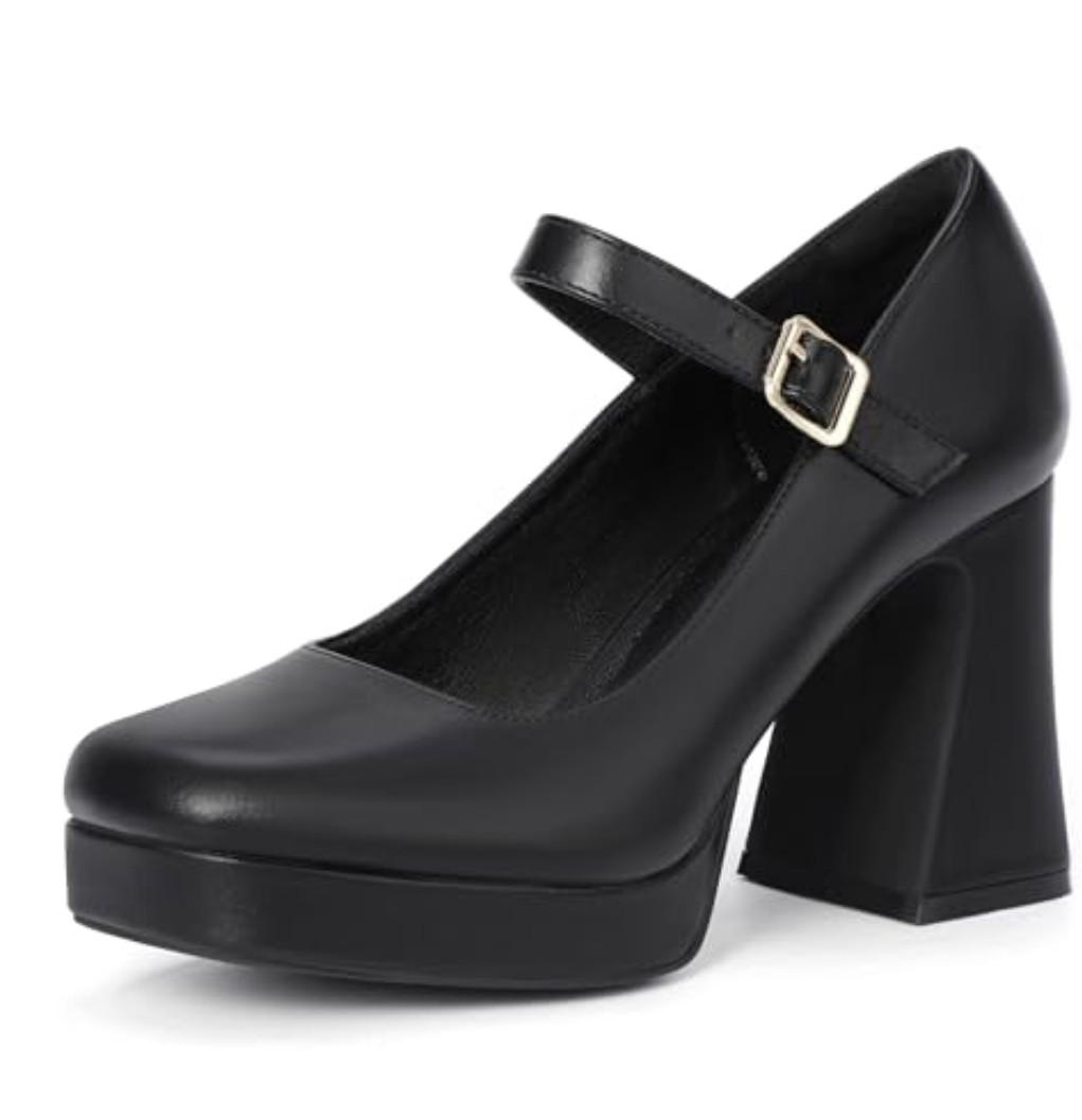 IDIFU Black Heels Platform Mary Jane Shoes Women's Pumps High Chunky Square Closed Toe Block Ankle Strap Work Office Business Dress Shoes for Women Dressy Trendy Comfort Heel(Black Pu, 7)