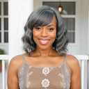 Short Gray Wavy Wigs For Black Women With Bangs - Synthetic Silver Grey Wavy Wigs For Daily Use (14 Inch)