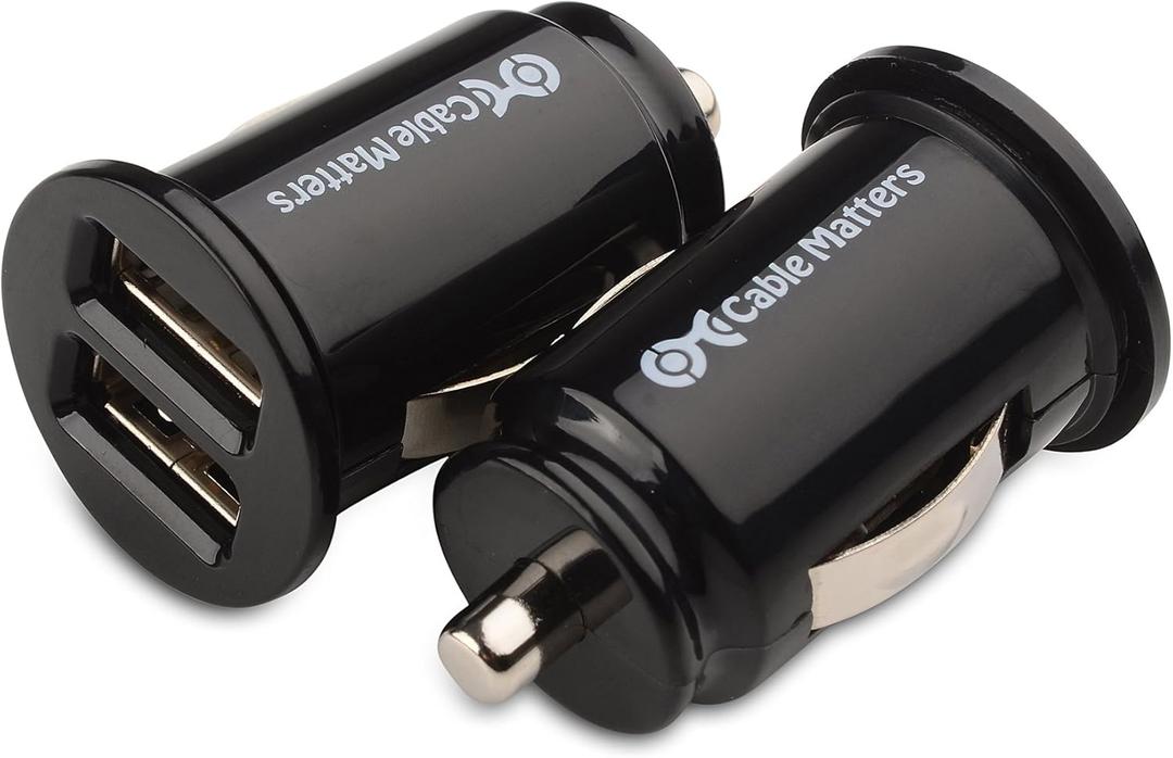 Cable Matters 2-Pack 10W 2A Flush Mount Mini Dual USB Car Charger with Smart Charging Chipset for iPhone 16/15 Pro Max Plus, Samsung Galaxy S23, S23 Ultra, Google Pixel 7a, Pixel 7 Pro, and More