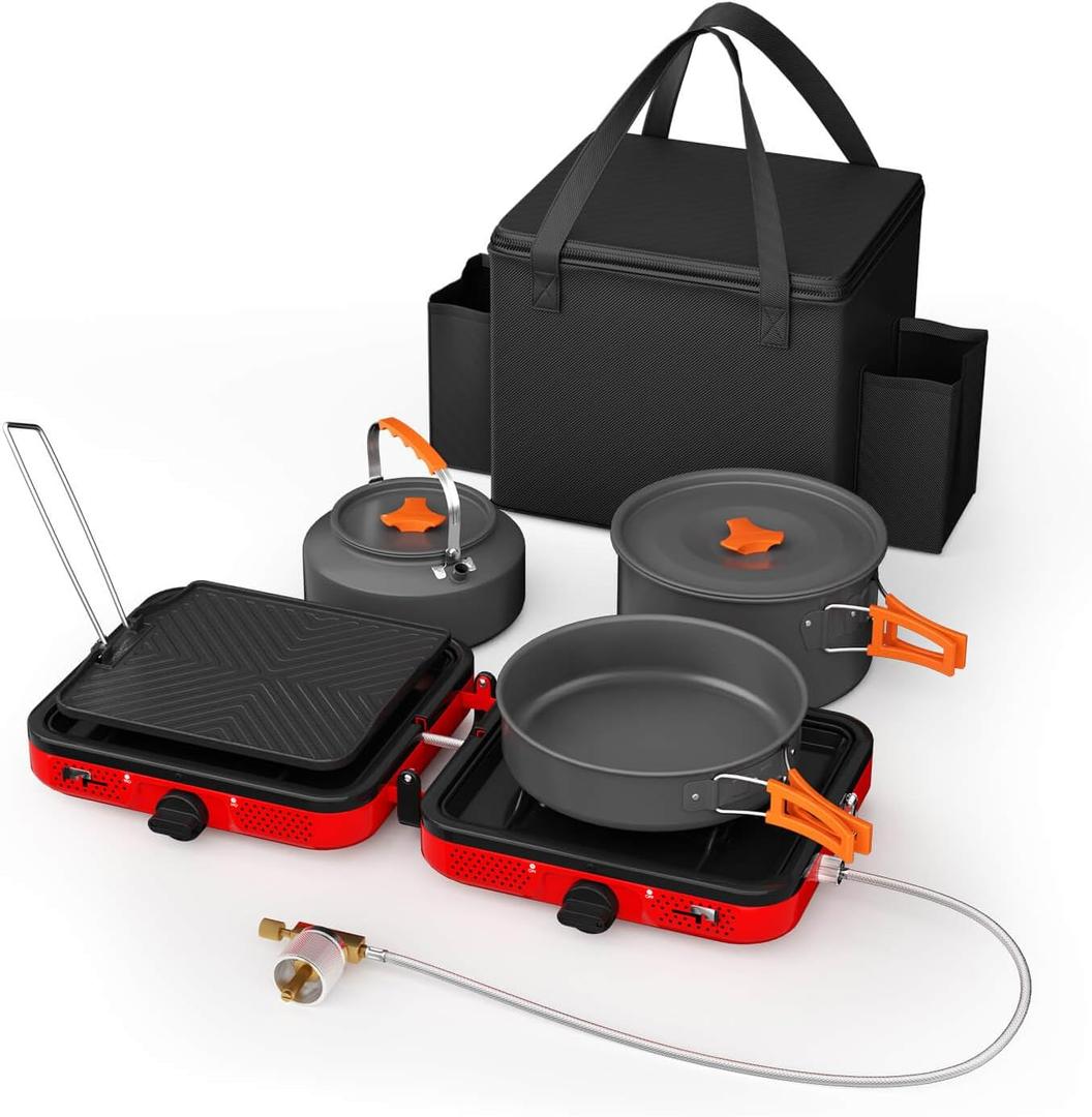 Hisencn Camping Stove, 2 Burner Propane Stove, 20000 BTU/ h Camping Cooking set Includes Frying Pan, Kettle and Pot, Adjustable Burners & Piezo Ignition, Portable stove for camping Outdoor, Red