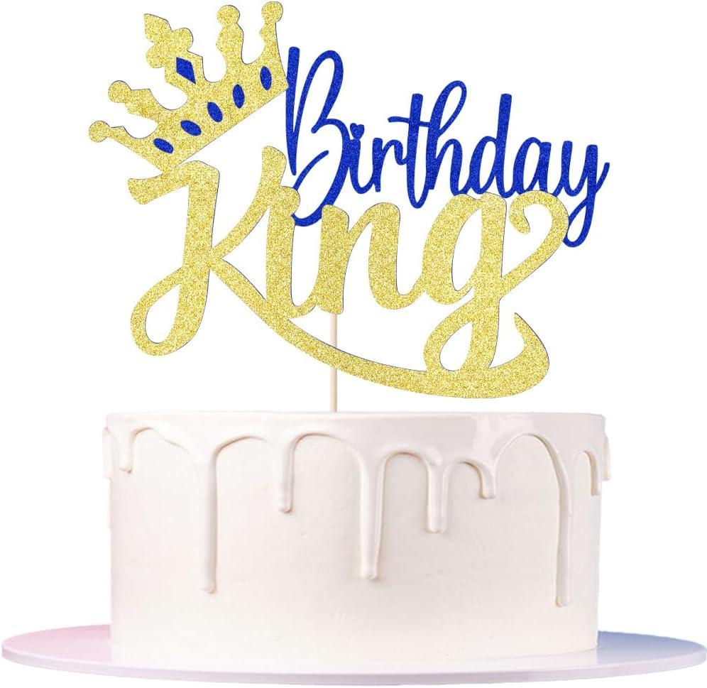 Glitter King Birthday Cake Topper,Boy Prince 1st 2nd 3rd 10th 13th 18th 21st 30th 40th 50th Birthday Cake Topper/Gender Reveal Party Decorations (Gold and blue)