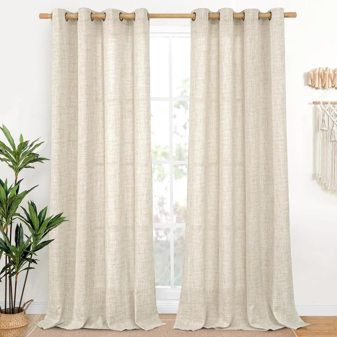 YoungsTex Linen Curtains 84 Inches Long for Living Room Light Filtering - Rustic Farmhouse Semi Sheer Drapes Window Treatments with Bronze Grommet for Dining Bedroom, 2 Panels 52 x 84 Inch