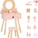 OOOK Kids Vanity Table and Chair Set, Pink Girls Vanity with 11 Pcs Accessories, Enough for Real and Pretend Makeup, Toddler Vanity for 3 Year Old and Up as Ideal Gift