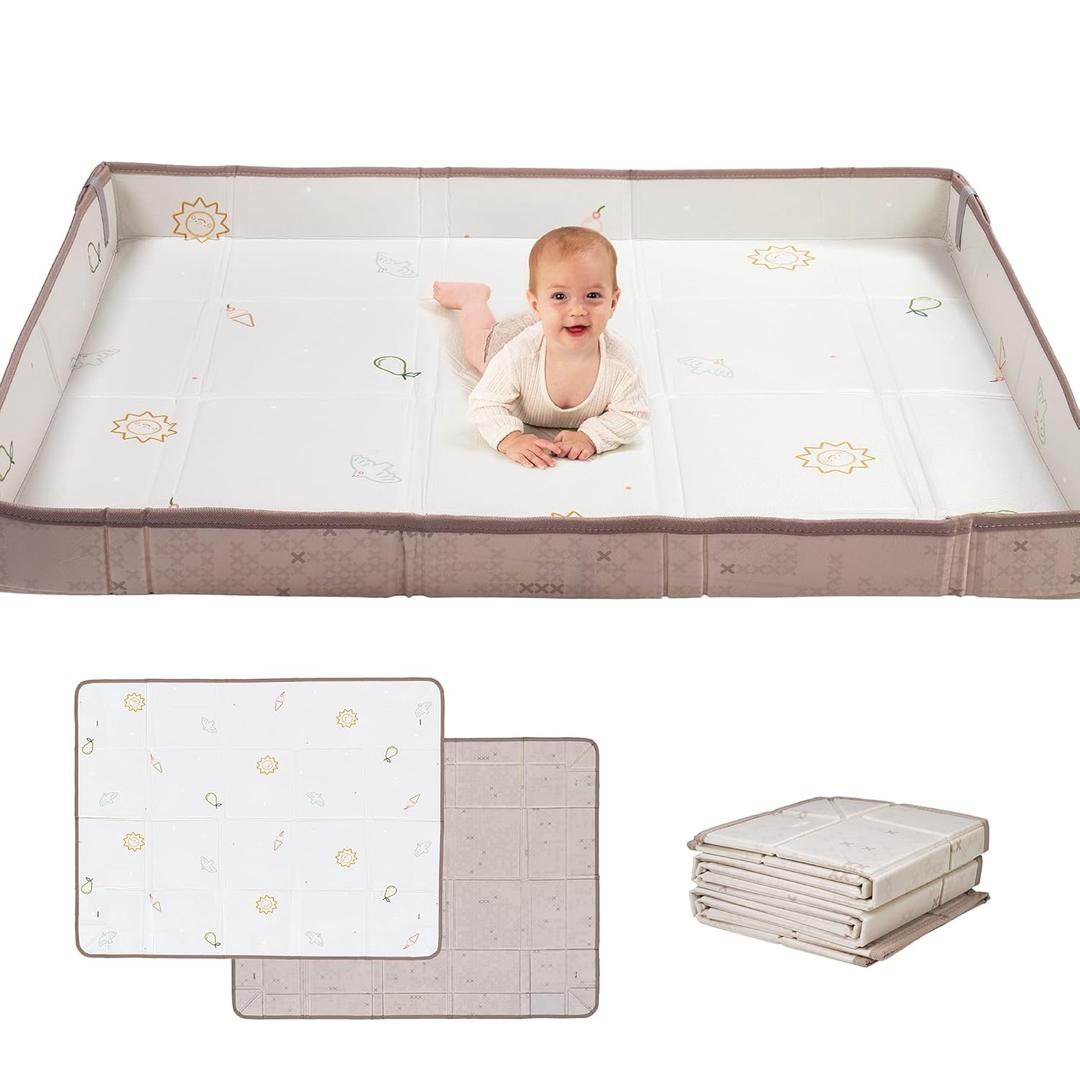 Taf Toys Foldable Soft Foam Baby Play Mat Waterproof Reversible Kids Play Mat for Floor Soft Foam Playmat Babies & Toddlers Extra Large 59.1"71" Double-Sided Mat with Fold-Up Sides - Off White