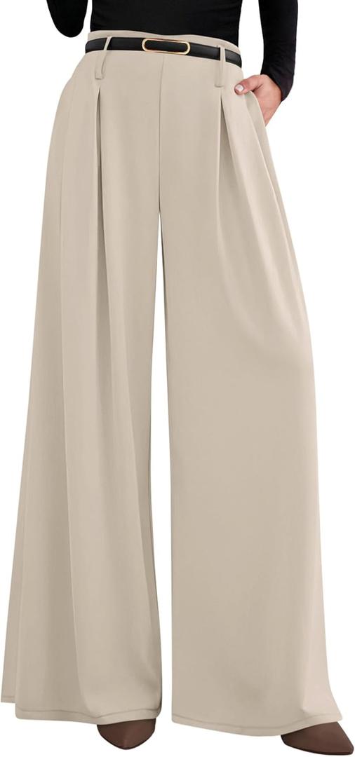 PRETTYGARDEN Womens Fall Wide Leg Trousers 2025 High Elastic Waist Loose Pleated Long Flowy Palazzo Work Pants with Pockets (Apricot, Medium)