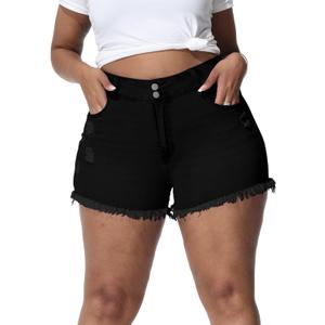 Women Plus Size Jean Shorts Sexy Stretchy High Waisted Frayed Raw Hem Denim Shorts (Black)