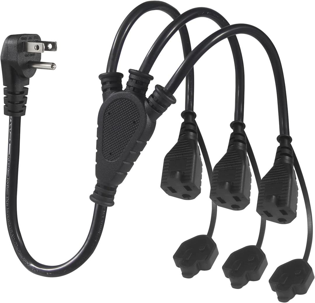 KUNCAN Outdoor 3-Outlet Power Splitter, 90-Degree Flat Plug 1 to 3 Way Outlet Adapter 1.5FT SJTW 16AWG 3-Prong Power Cord Extension Strip with Outlet Cover for Holiday Decoration String Light(1-Pack)