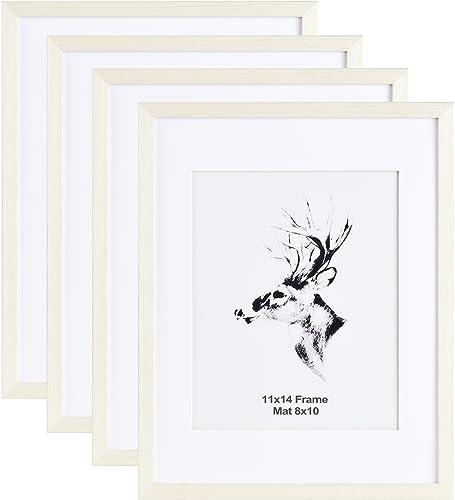 Yaetm 11x14 White Picture Frame with Mat for 8x10 Set of 4, Solid Wood Photo Frames 11 x 14 with Tempered Glass for Wall Gallery, Home and Office, Wall Mounting (4 pack, White)