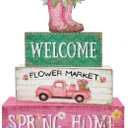 Spring Decorations, 4 Pcs Wooden Spring Table Decorations, Farmhouse Rain Boots Tiered Tray Decor, Wooden Table Sign for Desk Shelf Mantel Coffee Bar, Indoor Home Decor