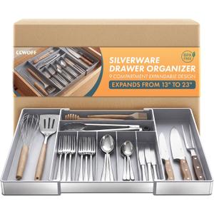 Heavy Duty Stainless Steel Frame Silverware Organizer with Plastic Body, Extra Large Silverware Drawer Organizer, 9 Slot Expandable Kitchen Drawer Organizer, 8 Non-Slip Feet Included, BPA Free, Gray