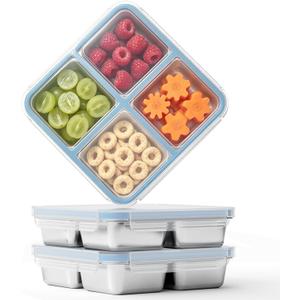 Bakpoco 3 Pack Stainless Steel Snack Containers, 4 Compartment Metal Snack Containers with Lid, Compact Food Storage Box Containers For Lunch & Snacks