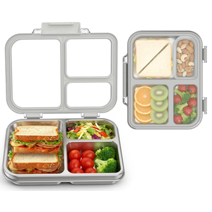 FAJSL Stainless Steel Bento Box for Kids Adults, 3Compartment Metal Lunch Box with Clear Lid & Removable Silicone, Lunch Box Kids with Silicone Inner Container for Meal Prep, School, Office (Grey)