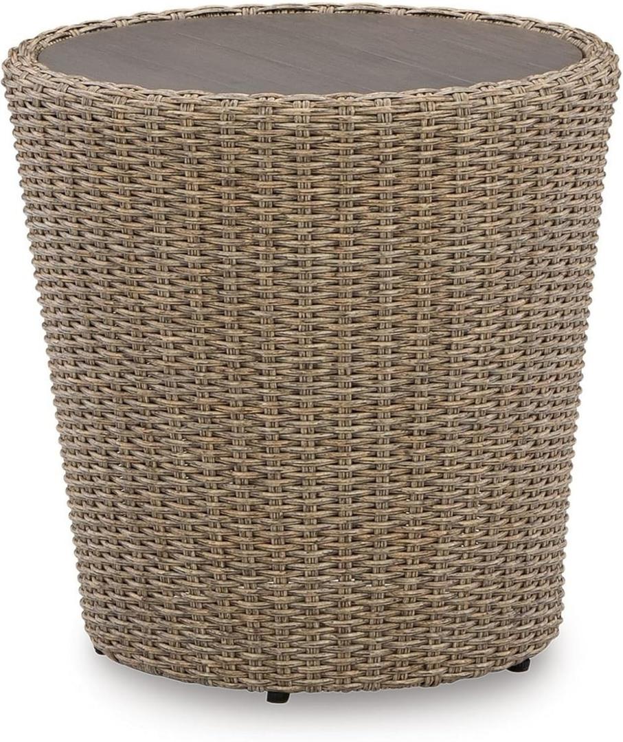 Benjara BM313427 22 Inch Outdoor End Table, Round Shape, Handwoven Resin Wicker, Beige Brown