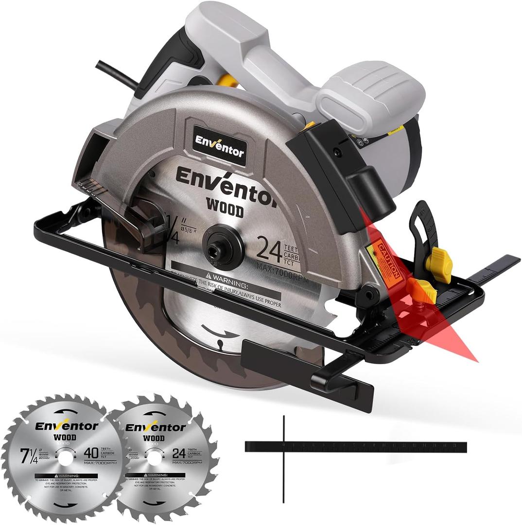 ENVENTOR Circular Saw Corded, 11A Electric Circular Saws 7-1/4-Inch with Laser Guide, 2 Blade Saws (40T/24T), Max Cutting Depth 2-7/16"(90), 1-8/9"(0-45), Single Handed Bevel, 6000RPM