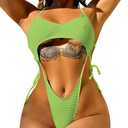One Piece Swimsuit, Sexy High Cut Monokini, Rave Outfits, Tan Through Swimwear Slingshot Cutout Thong Tie Bikini (Small, Green)