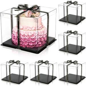 Cididu 6 Pack Large Clear Cake Box with Ribbon, Tall Cake Box Carrier 12x12x10 Inch, Tiered Transparent Cake Packaging Boxes with Lid and Board, PET Clear Gift Containers for Birthday Wedding Party