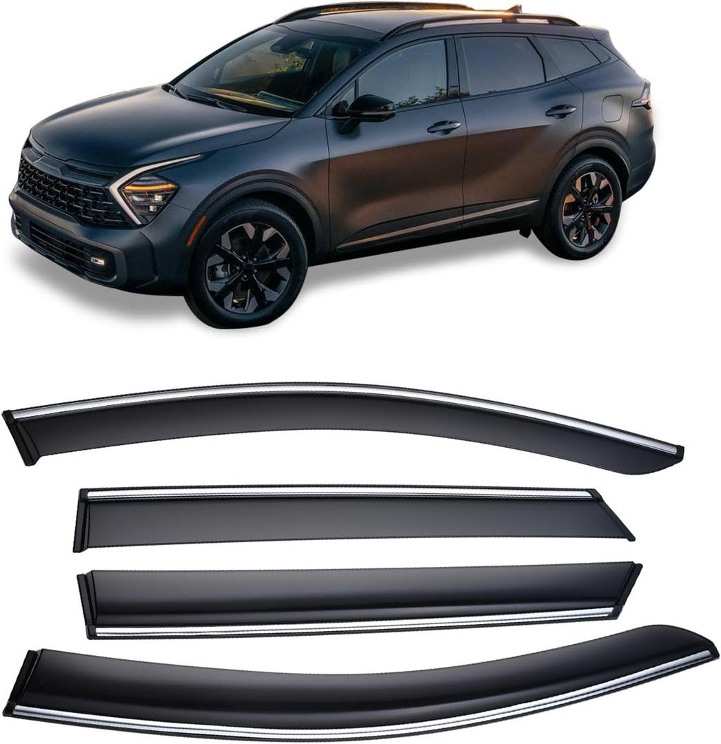 Window Rain Guard with Chrome Trim Compatible with Kia Sportage 2023 2024 2025 Shatterproof Sun Smoke Guard Wind Deflectors
