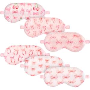 Cuffbow 6 Pack Plush Sleep Mask Set, Cute Plush Eye Masks for Sleeping, Soft Comfortable Travel Nap Blindfold, Sleepover Party Favors for Women (Bow, Pink)
