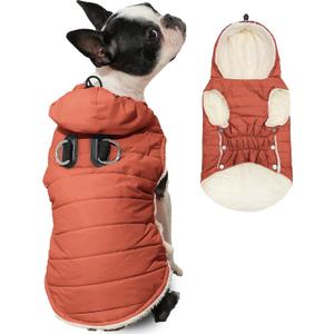 Vecomfy Fleece Lining Dog Hoodie with Harness Built in,Extra Warm Small Dog Jacket in Winter Puppy Coats with Drawstring Hooded,Orange S (Small (Pack of 1))