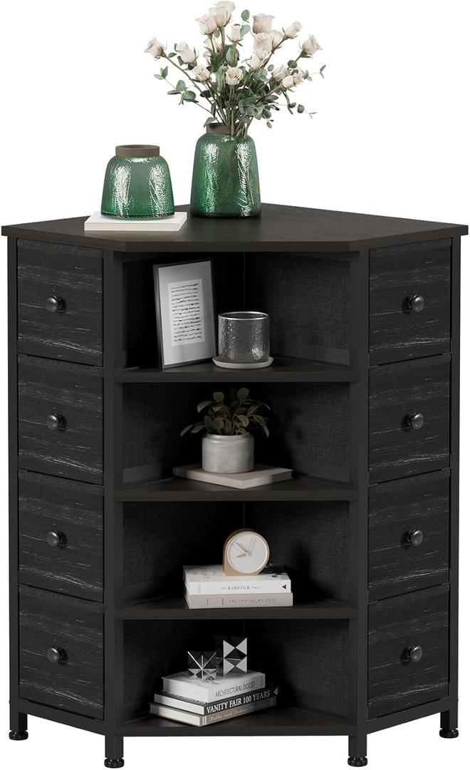 LUMTOK 8 Drawers Corner Dresser with Storage Fabric Drawers and Open Shelves for Small SpaceBedroomEntrywayLiving Room (Black Wood Veins), 19.7"D x 19.7"W x 29.5"H