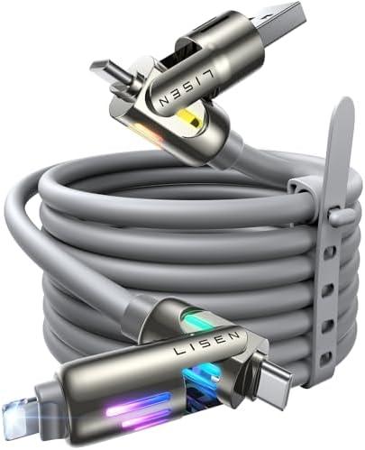 LISEN USB C to Lightning Cable, Chubby 240W 4 in 1 Charging Cable 6.6FT, USB A/C to C/Lightning with Light iPhone Charger for iPhone 17 16 15 14 Pro Max/M5 MacBook Air Pro/iPad/Samsung S25/Switch/PS5