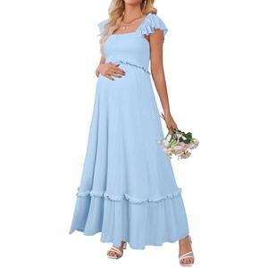 OUGES Womens 2026 Summer Maternity Photoshoot Dress Boho Maxi Smocked Baby Shower Dress Ruffle Sleeve Maternity Clothes Size XL