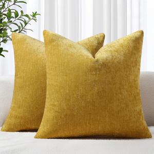 decorUhome Chenille Mineral Yellow Fall Throw Pillow Covers 18x18 Inch Set of 2, Decorative Soft Couch Pillow Covers Solid Dyed Accent Farmhouse Neutral Square Pillow Cases for Sofa Bed Living Room