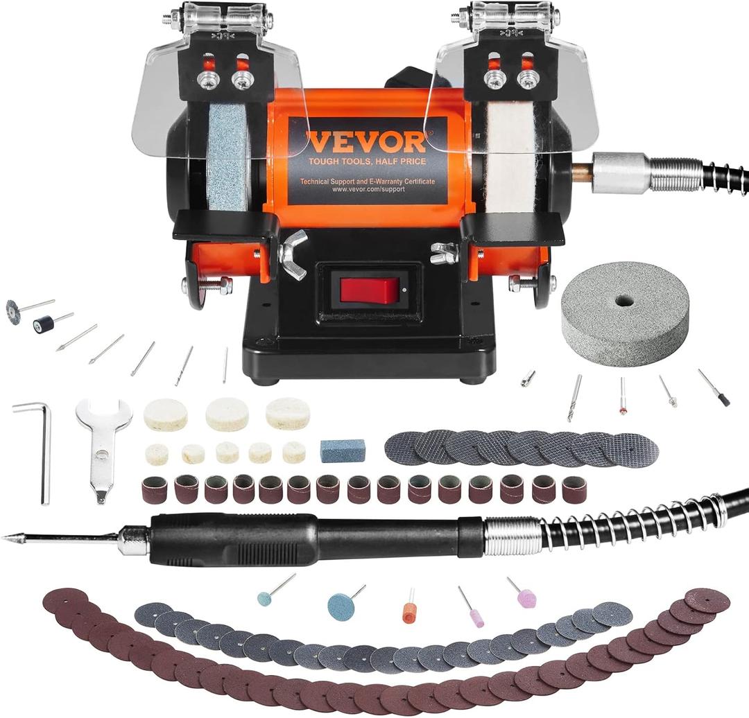 VEVOR Bench Buffer Polisher, Bench Buffer Grinder Polishing & Buffing Machine for Metal/Jewelry/Wood/Jade/Plastic/Silver DIY, with Wool/Abrasive Fiber Wheel/Grinding Wheel,100pcs Tools, 3590RPM (Black)