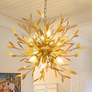 Wellmet Gold 6-Light Sputnik Chandelier, Modern Globe Leaf Pendant Light Fixture, Adjustable Hanging Ceiling Light for Living Room, Dining Room, Bedroom, Entryway, Foyer, Stairway, Hallway