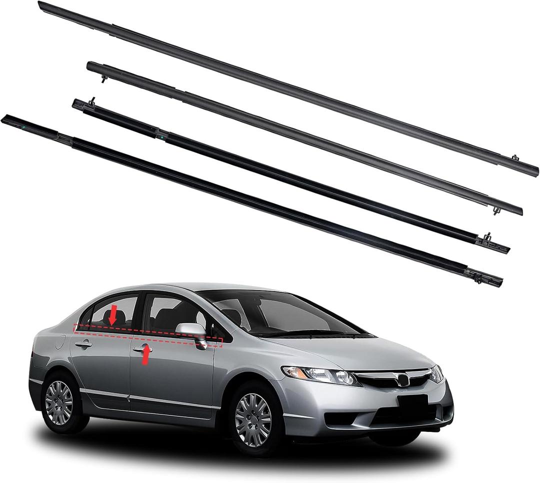 Window Molding Trim Seal for Honda Civic 2006-2011 Accessories, Outer Door Black Rubber Weather Stripping Belt, Replacement 72450-SNA-A01 (4PCS)