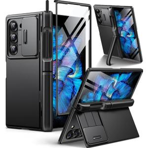 BERFY for Z Fold 6 Case with 9H Tempered Screen Protector, Built-in S Pen Holder, Slide Camera Cover, 2 Hidden Kickstand, Full Body Shockproof Slim Phone Case for Samsung Galaxy Z Fold 6, Black