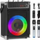 JYX Karaoke Machine with 2 Wireless Microphones, Portable Bass/Treble Bluetooth Speaker with LED Light, Support TWS, AUX in, FM, REC PA System with Remote Control, Supply for Party/Adults/Kids (30 Watt-Black)