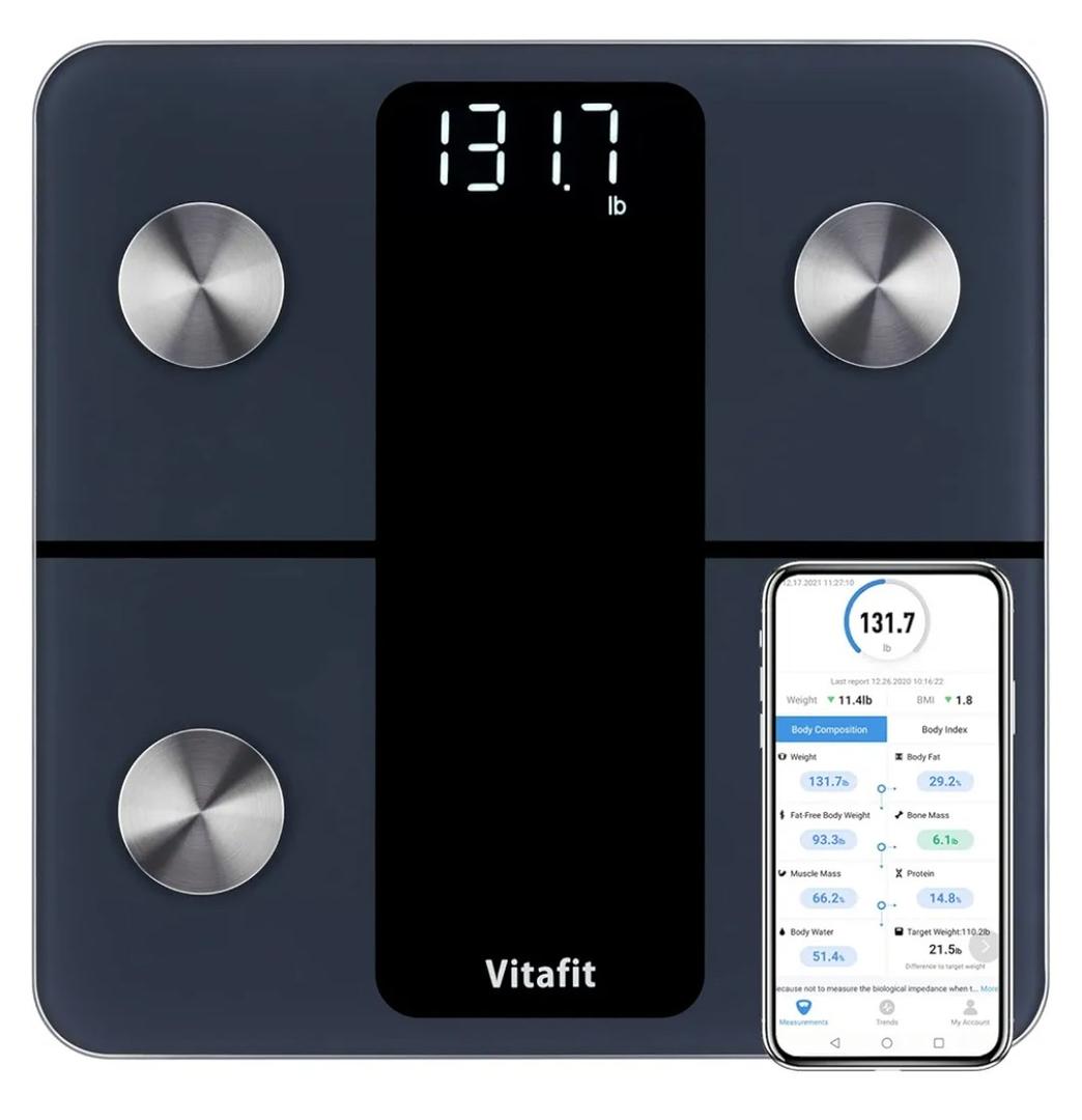 Vitafit Smart Bathroom Scale Body Weight, High Accuracy Assured by Weight Scale Professional Factory Since 2001, App Sync 13 Body Composition Including BMI, Body Fat and Muscle, 400lb, LED, Black