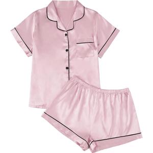LILLUSORY Silk Satin Pajama Set for Women 2 Piece Lounge Pjs Winter Matching Summer Sleepwear Button Down Shirt Shorts (X-Small, Pink)