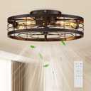 VOLISUN Caged Ceiling Fan with Light and Remote,19.7 inch Fandelier Ceiling Fan with Light Flush Mount, Farmhouse Bladeless Ceiling Fans with Lights for Kitchen,Bedroom