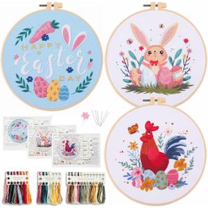 Myfelicity Easter Embroidery Kit for Beginners – 3 Unique Spring Designs (Rabbit, Rooster & Easter Egg), Soft Floss, Hoops & Step-by-Step Guide – Stress Relief Craft Gift for Her, Kids & Craft Lovers