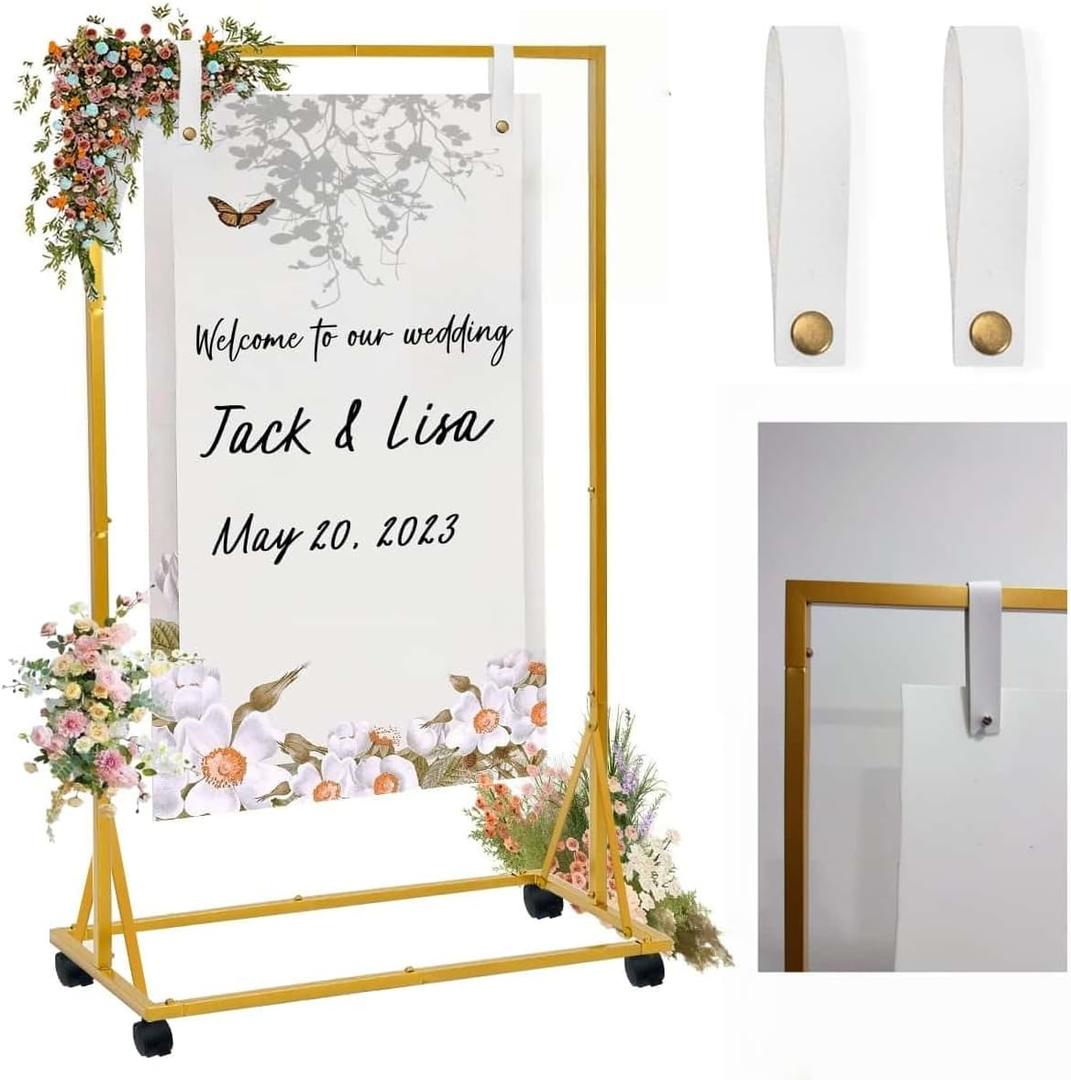 Adjustable Wedding Welcome Sign Holder , 29x20x66"Welcome Sign Stand With Detachable Casters4 Hanging Straps and Stabilized with Triangular Reinforcement,Heavy Duty Easel Stand For Wedding Party