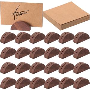 24 Pcs Wooden Table Number Stands Wedding Table Name Holder Semicircular Design Place Card Holders with 24 Pcs Tented Cards for Retail Shop Wedding Party Events Decoration(Brown)