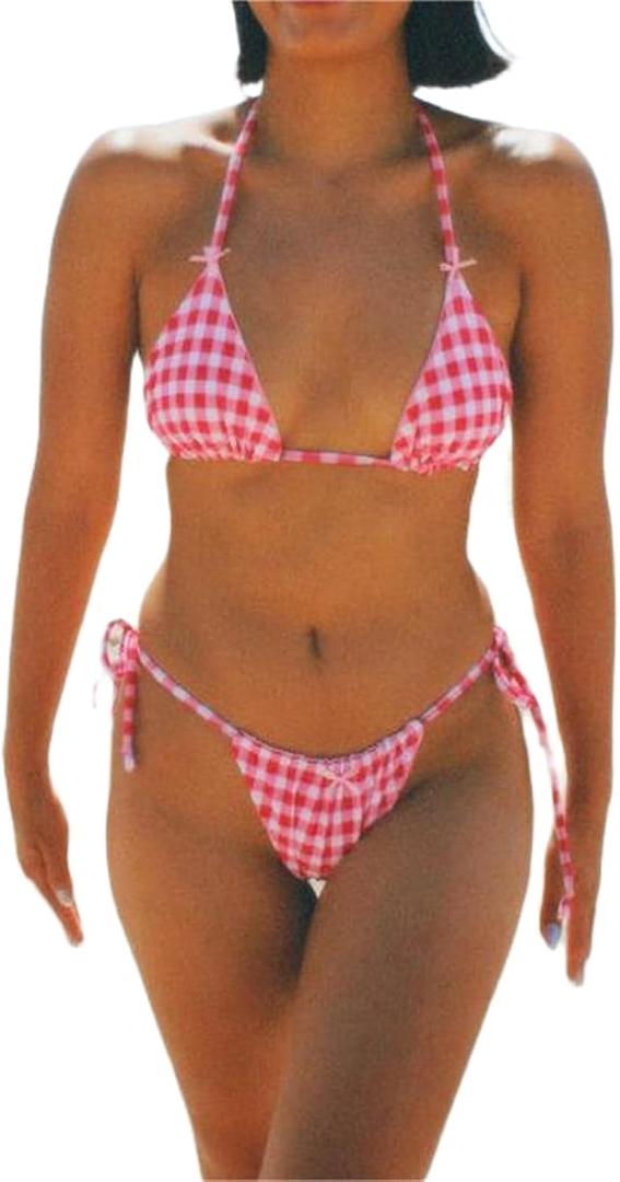 Alyweatry Women Two Piece String Bikini Set Floral Print Halter Side Tie Triangle Thong Swimsuits Bathing Suit (Medium, Pink Gingham)